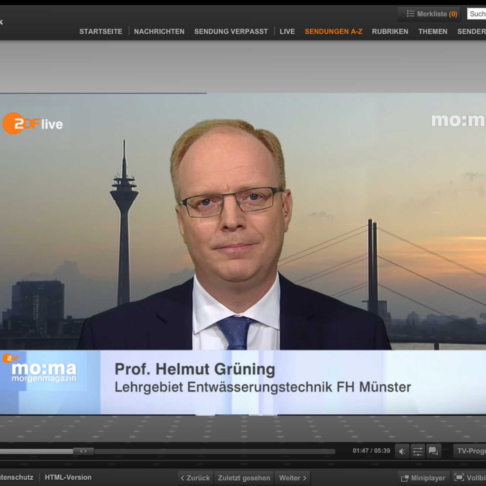 Experte wenn's ums Wasser geht: Im ZDF-Morgenmagazin sprach Prof. Helmut Grüning über Hochwasser nach Starkregen. (Screenshot: ZDF.de)