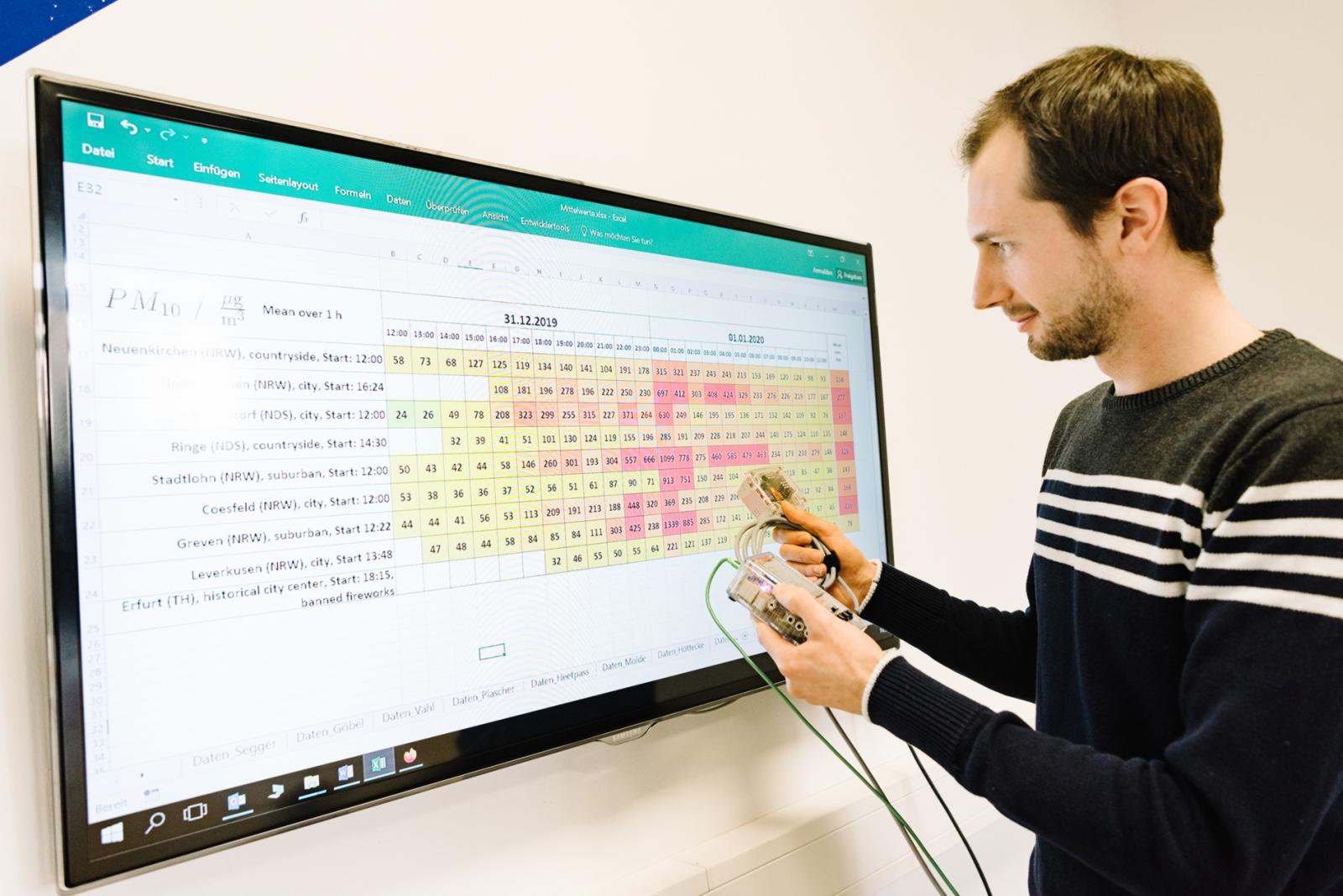 Masterstudent Tobias Krause vergleicht die Messwerte seines Sensors mit den gemittelten Werten aus der 24-Stundenmessung an Silvester. (Foto: FH Münster/Maxi Krähling)