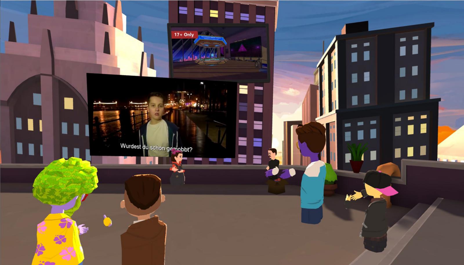 Im virtuellen Jugendtreff wurde sogar ein Video zum Thema Cybermobbing auf der Leinwand eingespielt. (Screenshot aus Microsoft Altspace VR: FH Münster/Stefanie Gosejohann) 