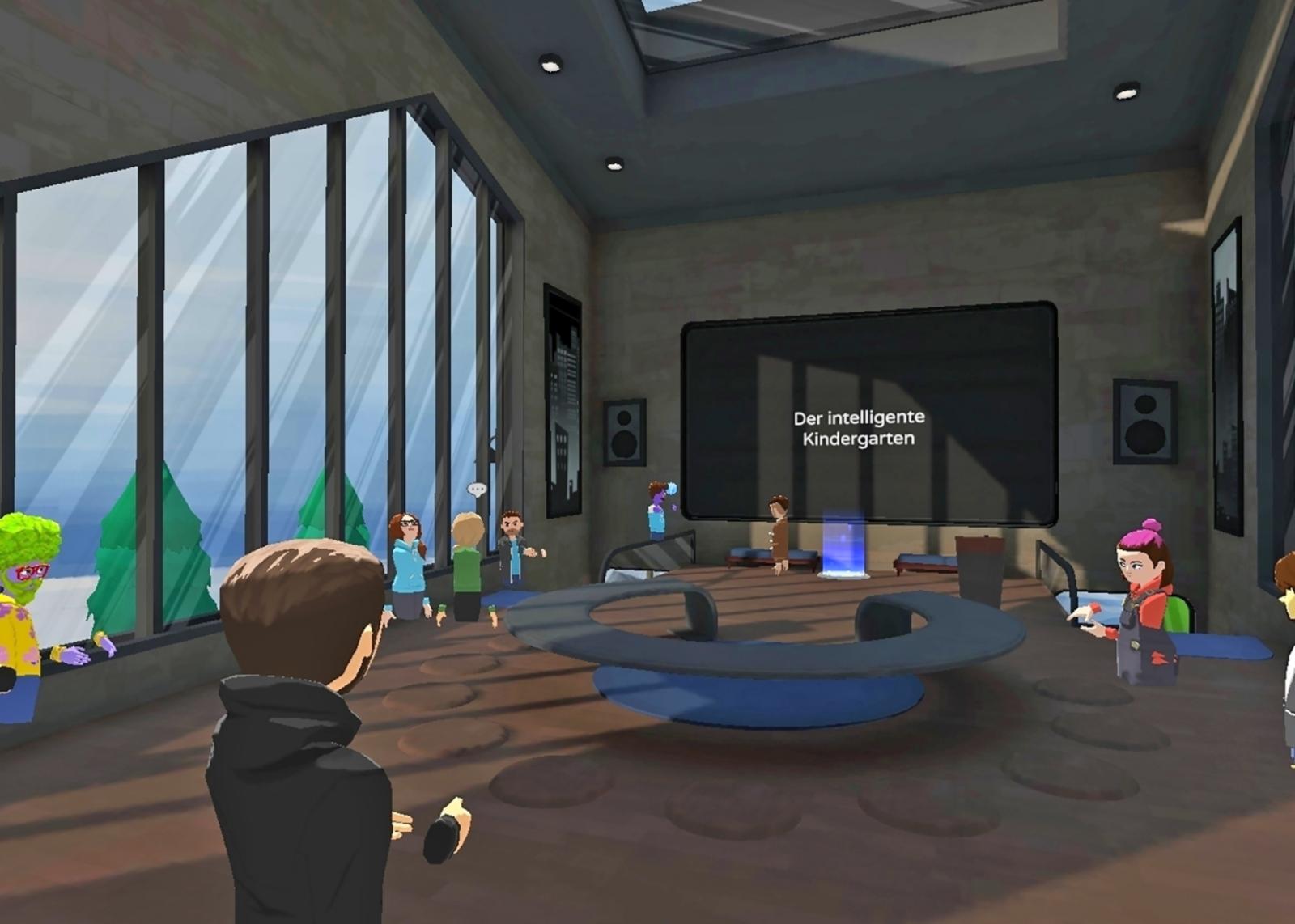 Eine Studierendengruppe thematisierte in ihrem virtuellen Szenario einen KI-überwachten Kindergarten. (Screenshot aus Microsoft Altspace VR: FH Münster/Gesa Linnemann) 