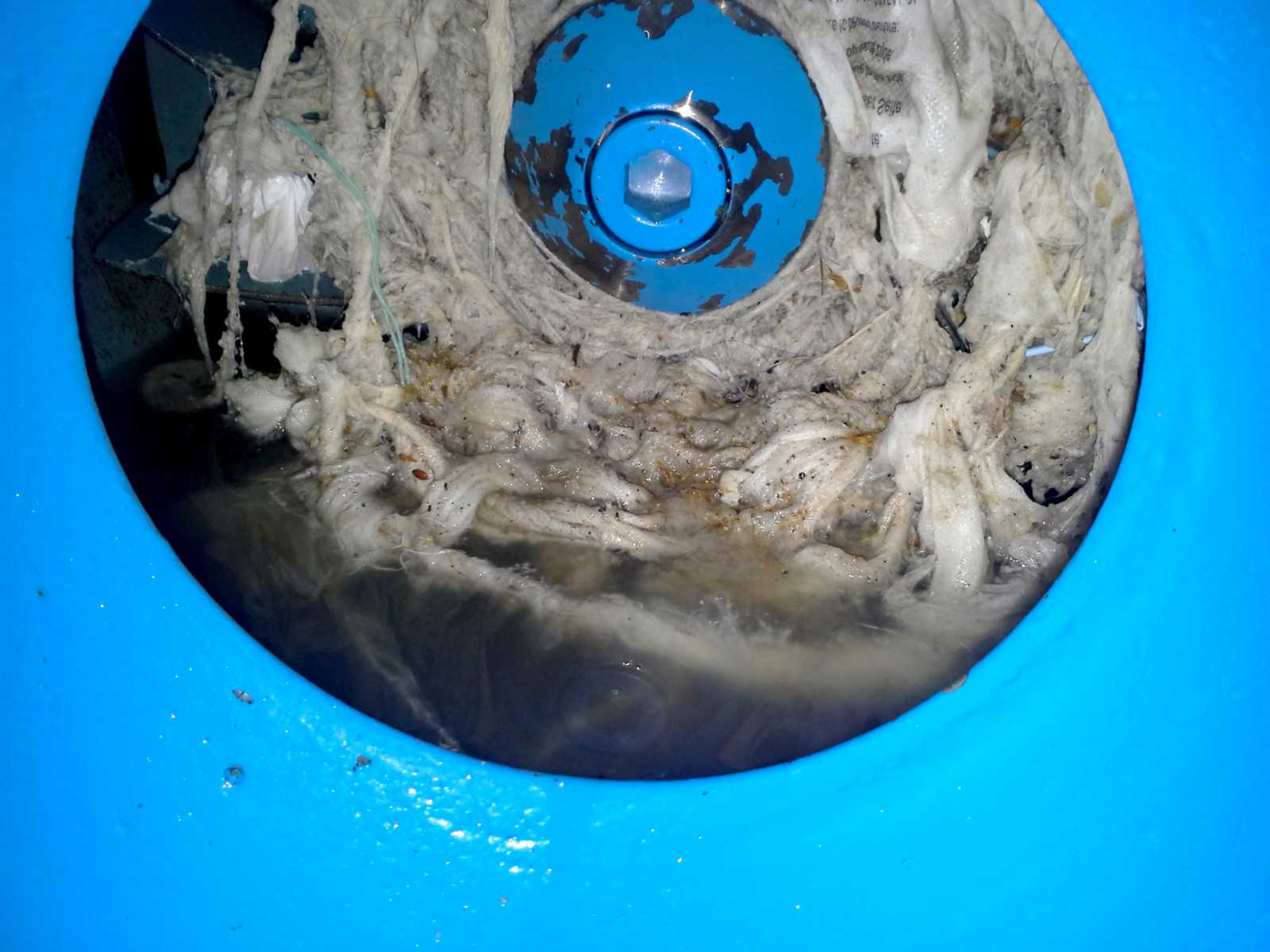 Verzopfte Feuchttücher wickeln sich um das Laufrad der Abwasserpumpe und blockieren sie. 
