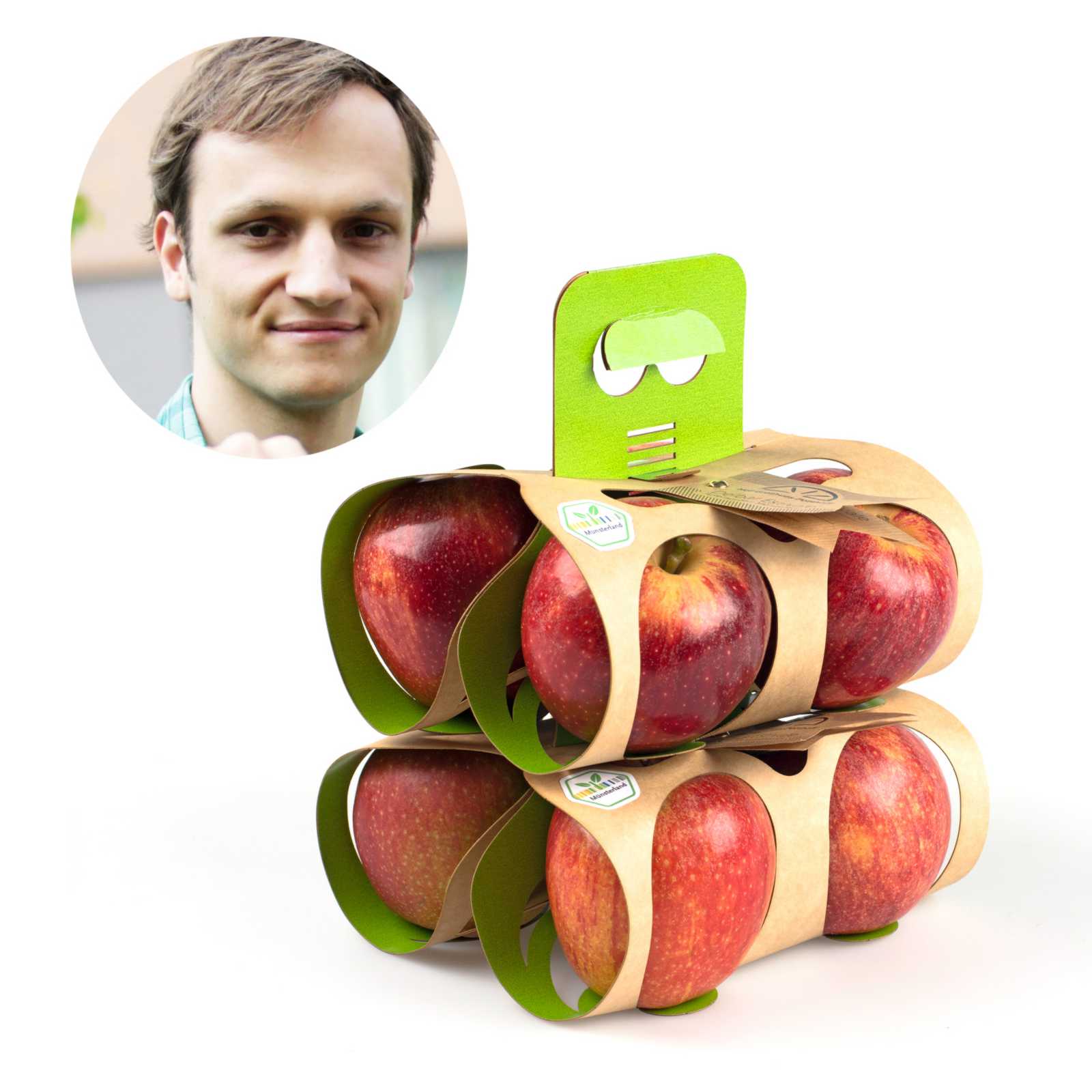 Die praktische und nachhaltige Apfelverpackung aus Karton heißt „Jonaloop“. (Foto: Jonas Dinkhoff/Münsterland e.V.)