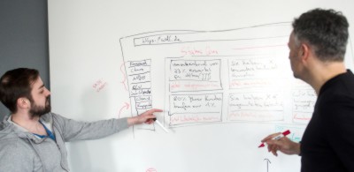 Am Whiteboard sammelt das DataLab Ideen, wie sie die analysierten Kundendaten für Handlungsempfehlungen interpretieren können. (Foto: Theresa Gerks)