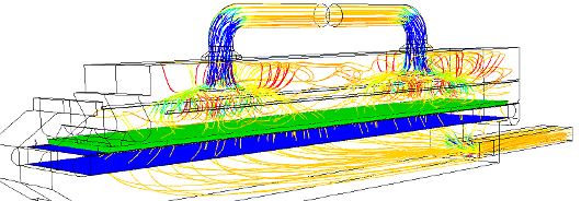 Farbige Stromlinien in der Umrisszeichnung einer Bandtrocknungsanlage.